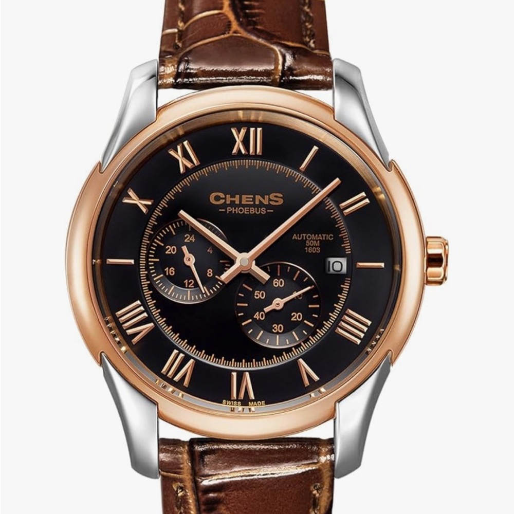 CHENS Men's Rose Gold and Genuine Brown Leather Watch- Swiss made, automatic